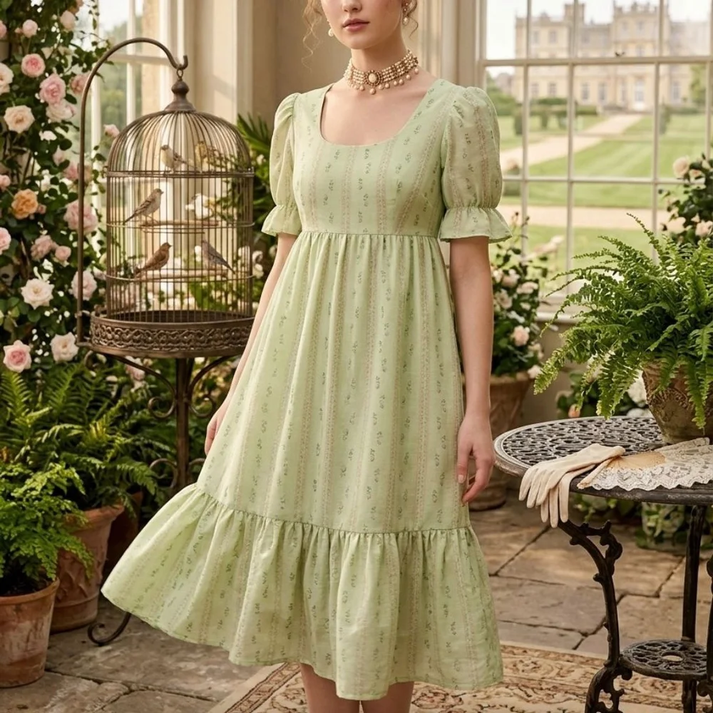 Vintage Style Bridgerton Regency Floral Prairie Dress Empire Waist Ruffle Hem S - Picture 1 of 9